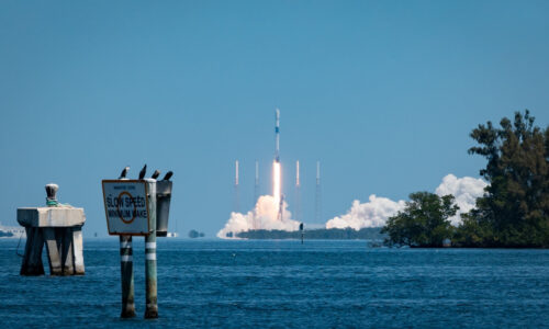 View of SpaceX Falcon 9 Starlink V1.0-L23 launch from SLC-40 pad at the Cape Canaveral Space Force Station in Florida on April 7, 2021 as seen from across the Banana River.