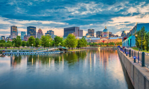Waterfront in downtown Montreal, Quebec, Canada at twilight.